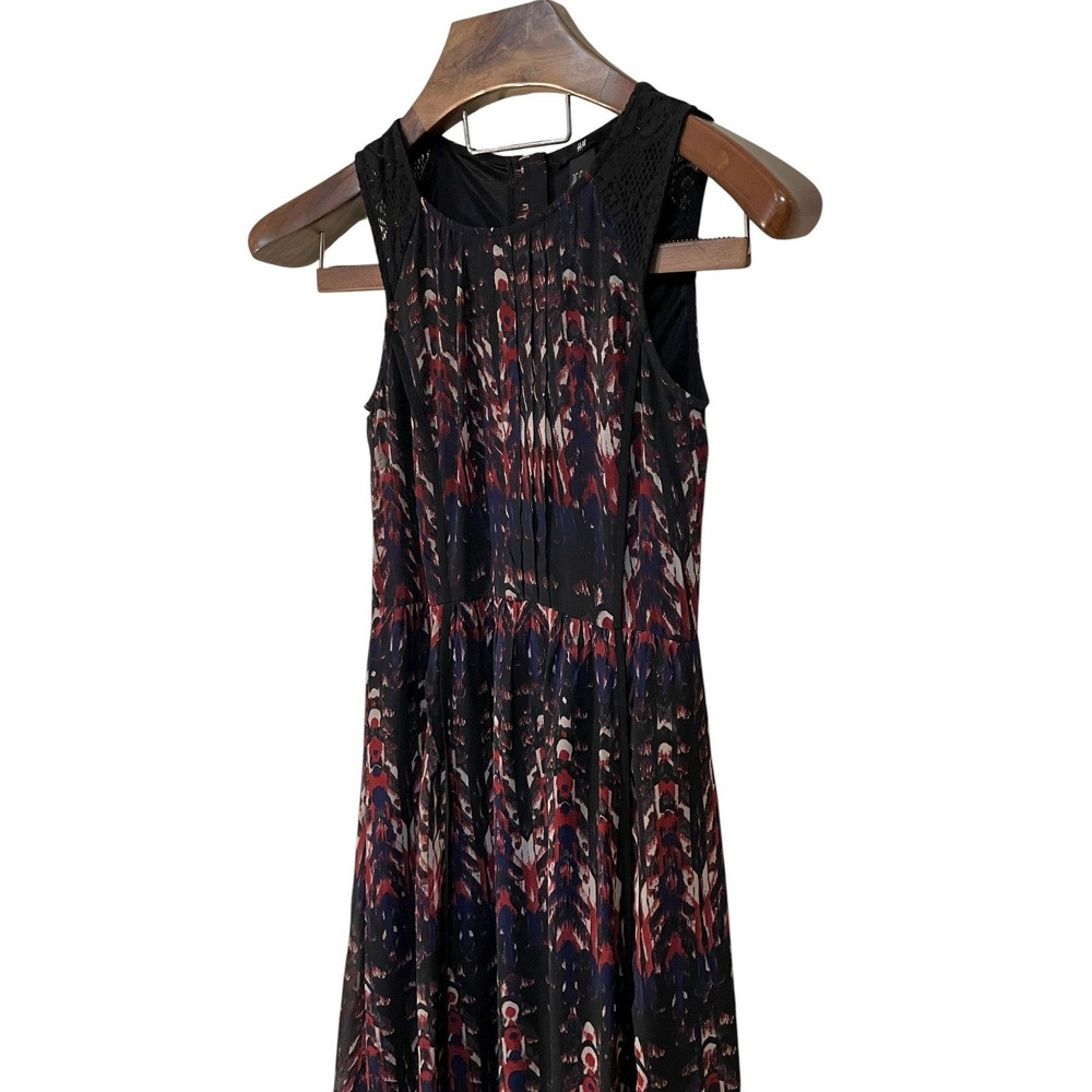 H & M Red Blue Black Lace Ikat Sleeveless Maxi Dress Pleats Slits Boho Artsy 2 - Picture 6 of 11